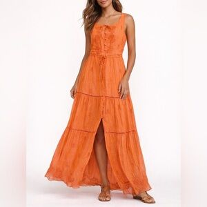 Lulus Orange Boho Embroidered Maxi Dress Sleeveless Tiered Front Slit Size M